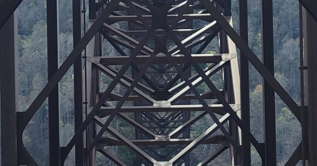 A close up of the girders on a massive bridge in West Virginia.