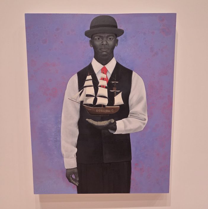 A painting of a man with a bowler hat with a small sailboat floating just above his palm. He is wearing a vest with a red tie.